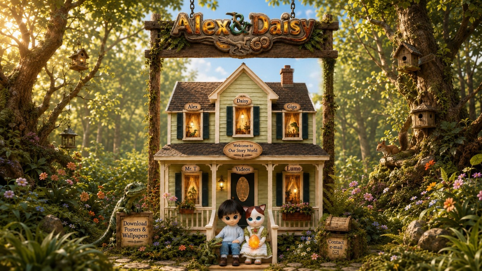 A handmade storybook house in a sunlit forest garden. Each window belongs to a friend: Alex, Daisy, Giga, Mr. T, and Nico. The door leads to the videos, with signs for downloads and contact among the flowers.